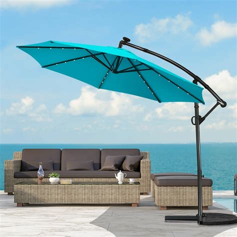 Costway 10ft Patio Offset Umbrella Solar Powered Led 360degree Rotation Aluminum Turquoise