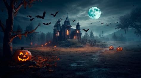 Premium Photo | Halloween night in the woods with a pumpkin and a full moon