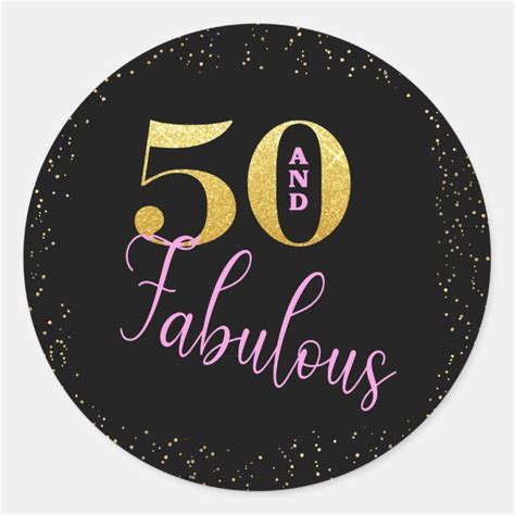 Fifty And Fabulous Pink Black Gold Glitter Classic Round Sticker