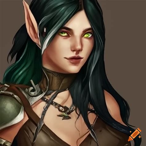 Wood Elf Female With Green Eyes And Long Black Hair In Leather Armor