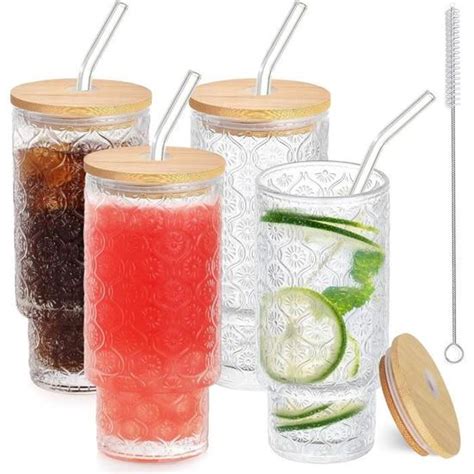 Verre Bubble Tea Lot De 4 350Ml Verre Avec Paille Gobelet Bubble Tea