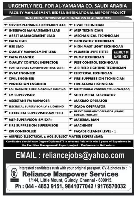 Al Yamama Company Recruitment To Saudi Arabia