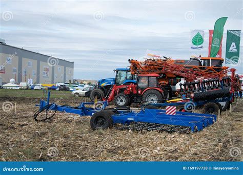 New Agricultural Machinery Tractors In Motion At Demonstration Field