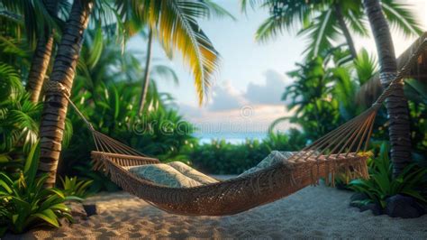 Romantic Couple Relaxing In Hammocks Under Palm Trees On A Tropical