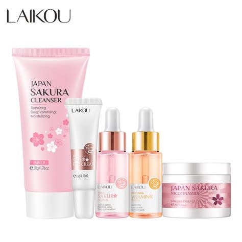 LAIKOU 5pcs Skincare Set Vitamin C Sakura Serum Cream Cleanser