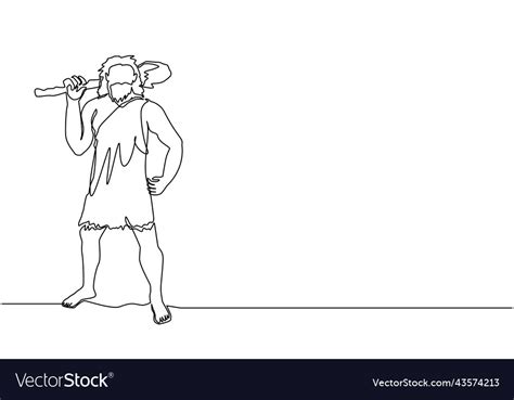 Single One Line Drawing Stone Age Primitive Man Vector Image