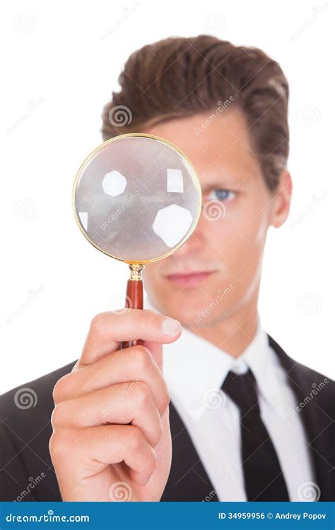 Man Holding Magnifying Glass On White Background Man With A Magnifying