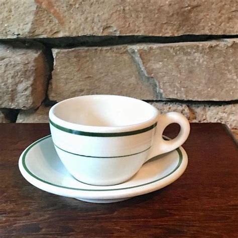 Vintage Restaurant Cup And Saucer Diner Coffee Double Green Lines