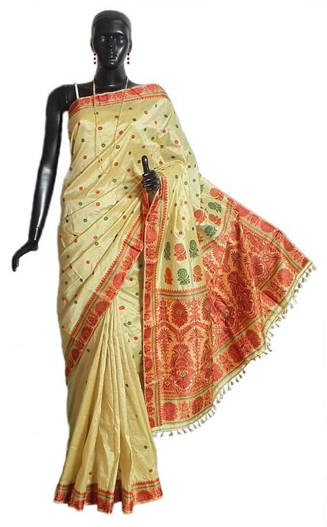 Light Beige Assam Muga Silk Saree With Black And Red Weaved Border And Pallu