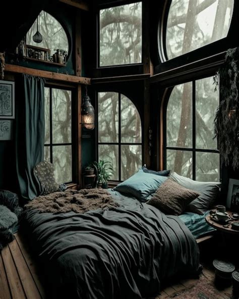 Un Dormitorio Con Una Cama Y Una Ventana Con Vista Al Bosque Foto