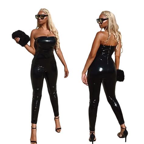 Bkld Fashion Leather Jumpsuit Women Off Shoulder Bodycon One Piece