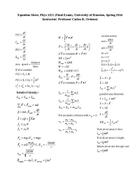 University Physics 1 - Formula Sheet 2016 - Warning: TT: undefined ...