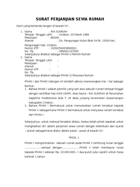 Detail Contoh Surat Perjanjian Rumah Sewa Koleksi Nomer