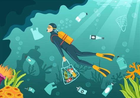 Stop Ocean Plastic Pollution Vector Illustration With Trash Under The