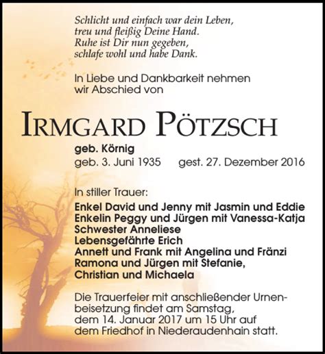 Traueranzeigen Von Irmgard P Tzsch Trauer Anzeigen De