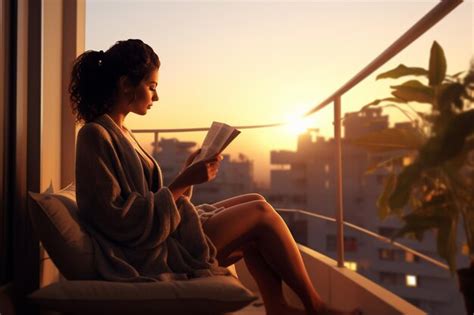 Premium Ai Image Woman Sitting On Balcony Reading Book During Sunrise In The Style Of Uhd