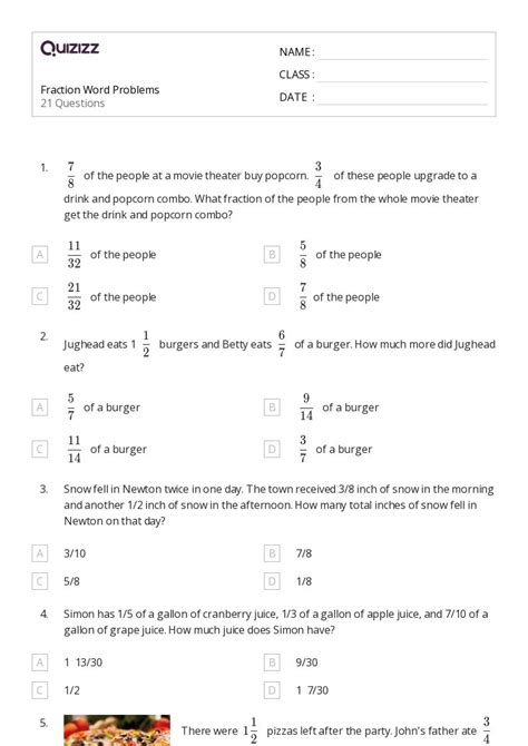 50 Fraction Word Problems Worksheets For 6th Grade On Quizizz Free And Printable