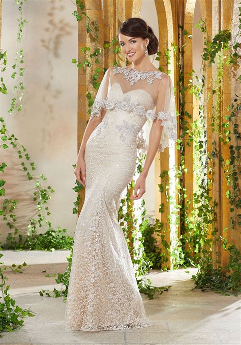 Mgny By Mori Lee Beaded Lace Trumpet Gown With Sheer Cape