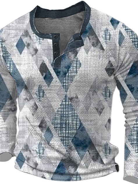 Graphic Geometic Designer Retro Vintage Casual Mens 3d Print Henley Shirt Waffle T Shirt Sports