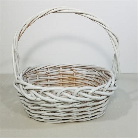 White Woven Wicker Easter Basket Oval Distressed Fixed Handle Gathering