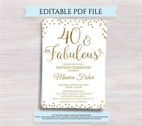 Editable 40th Birthday Party Invitation Template 40 And Etsy