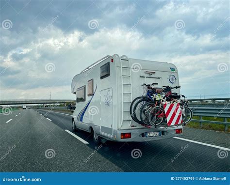 Camper Van With Bikes On Italian Highway Editorial Stock Image Image