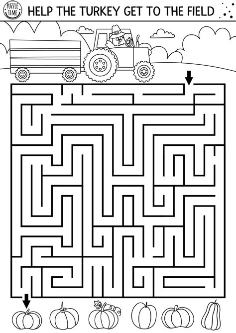 Thanksgiving Day Black And White Maze For Children Autumn Holiday Line