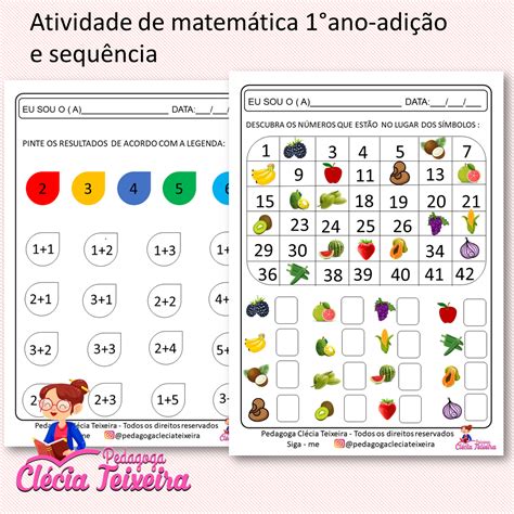 Atividade de matemática 1º ano adição e sequência Clécia Teixeira