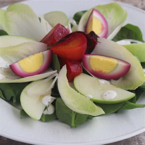 Spinach And Endive Salad With Pickled Beets And Eggs And Creamy Dressing