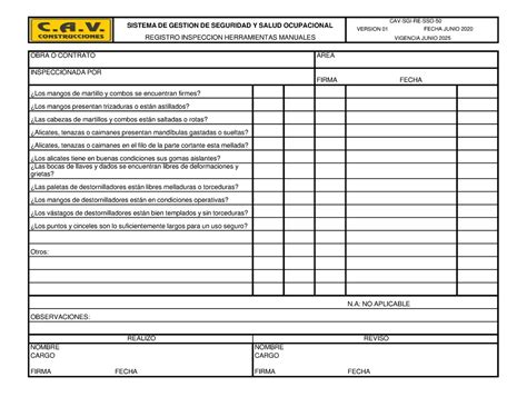 CAV SGI RE SSO 50 Inspección Herramientas Manuales SISTEMA DE GESTION