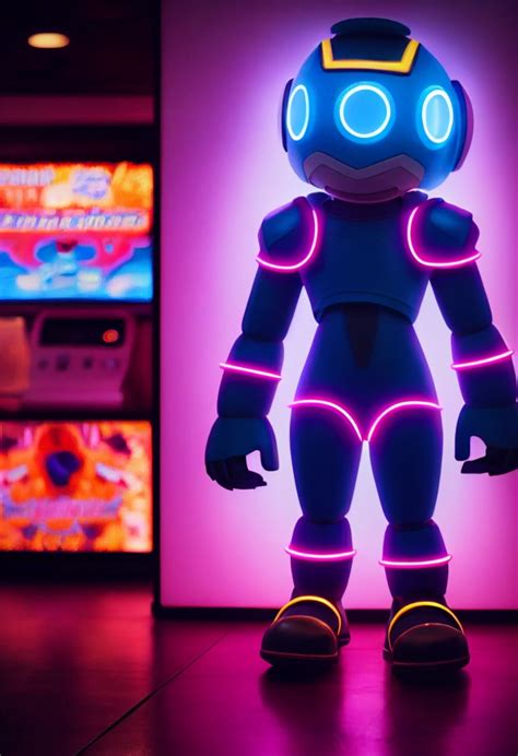 Oversized Neon Megaman Mascot Standing In The Lobby Of Midjourney