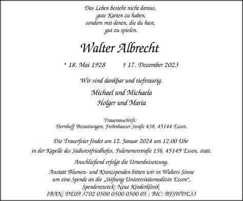 Traueranzeigen Von Walter Albrecht Trauer In Nrw De