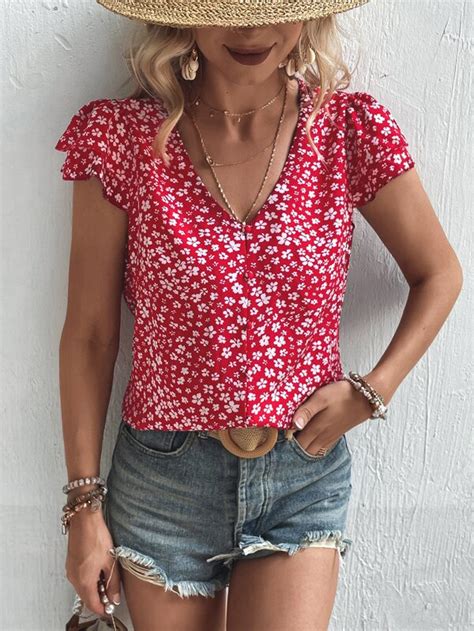 Bluse Mit Blümchen Muster Schmetterlingsärmeln Aktuelle Trends