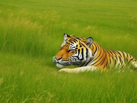 Premium Ai Image Tiger Resting In The Tall Grasses Of A Field