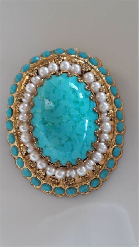 W Germany Turquoise Glass And Pearl Vintage Brooch Turquoise Etsy