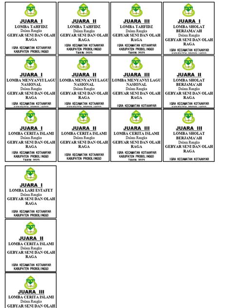 Nama Untuk Piala Juara 1 6 Porseni Ok Pdf