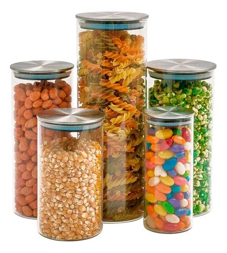 Kit 5 Potes De Vidro Tampa Inox Hermético Circular Tud Cor Nude Parcelamento sem juros