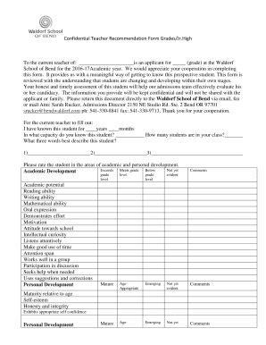 Fillable Online Bendwaldorf Teacher Recommendation Form Grades Jr High