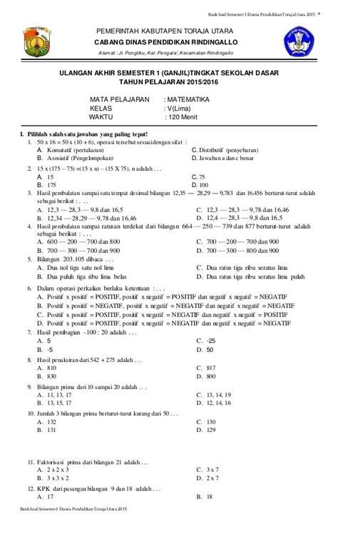 Contoh Soal Matematika Kelas 5 Semester 1 Homecare24