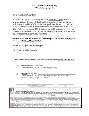 Pg Movie Permission Slip Form Fill Out And Sign Printable Pdf