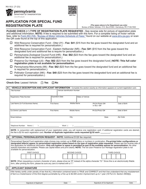 Pa Dmv Form Mv Application For Special Fund Registration Plate