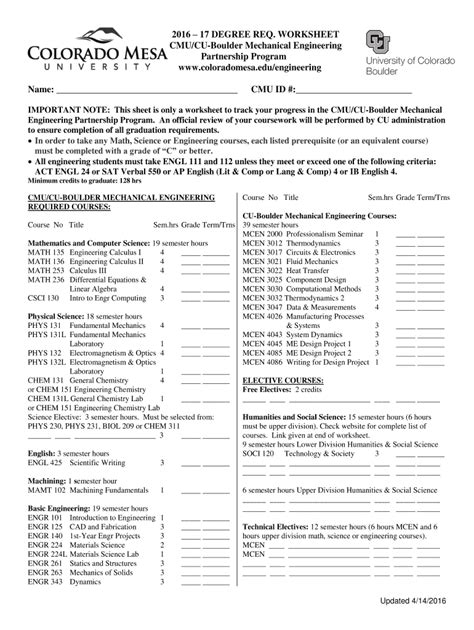 Fillable Online Coloradomesa 2016 17 DEGREE REQ WORKSHEET CMU CU