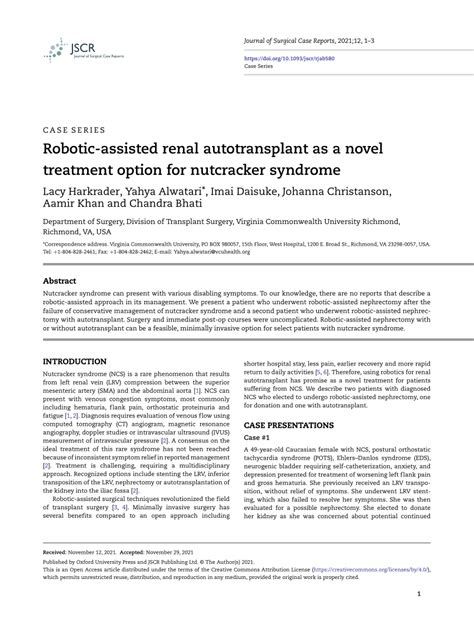 Pdf Robotic Assisted Renal Autotransplant As A Novel Treatment Option