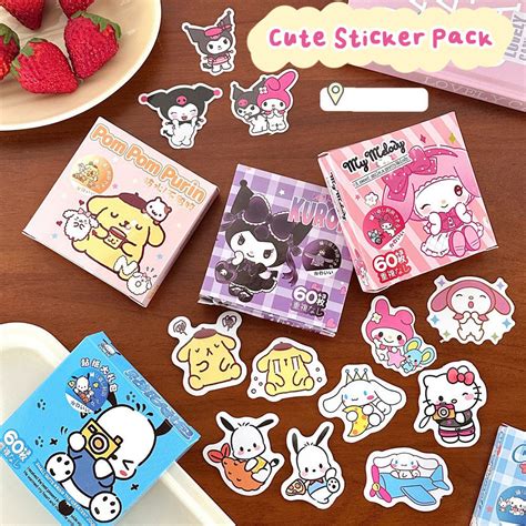 60pcs Cute Sticker Sanrio Pomponpurin Cinamoroll Kuromi Hello Kitty