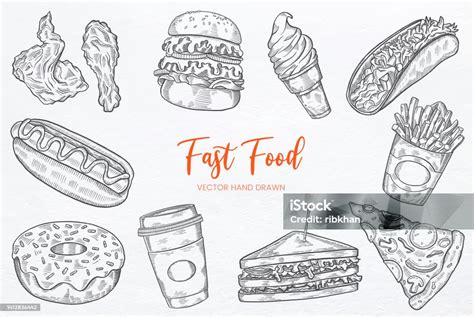 Fast Food Set Collection With Hand Drawn Sketch Vector Stock