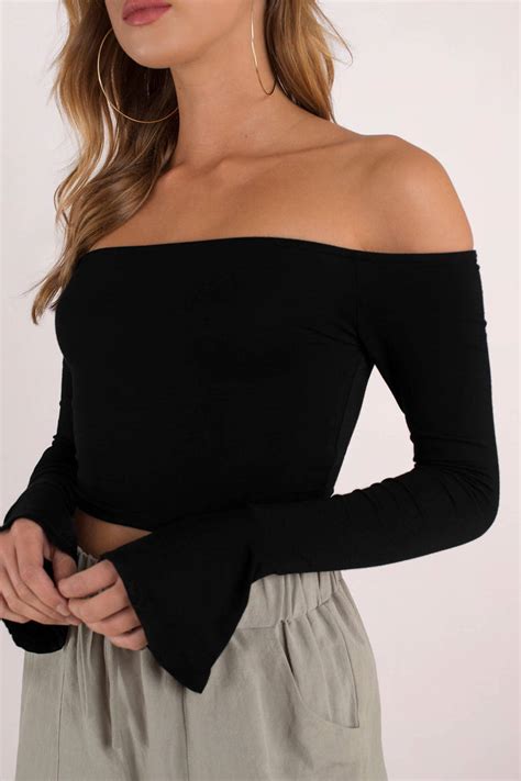 Trendy Black Crop Top Long Sleeve Crop Top Black Off The Shoulder