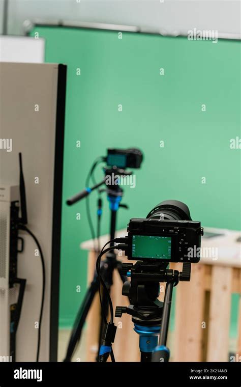 A view of Cameras and Green Screen - Behind the Scenes Stock Photo - Alamy