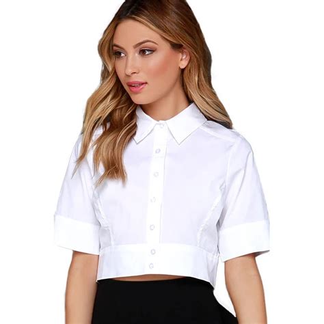 Hdy Women Crop Tops White Blouse Short Sleeve Turn Down Collar Women Tops And Blouses 2018 Plus