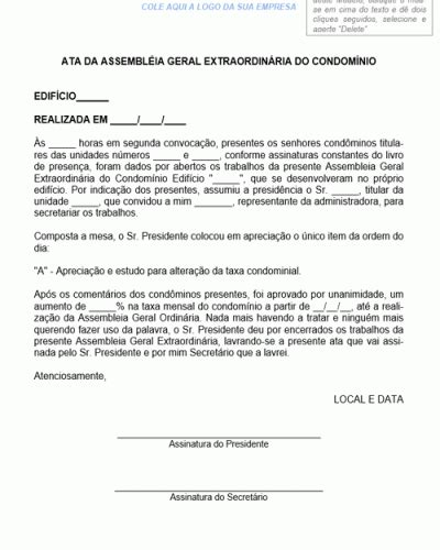 Modelo de Ata da Assembleia Geral Extraordinária de Condomínio Modelo