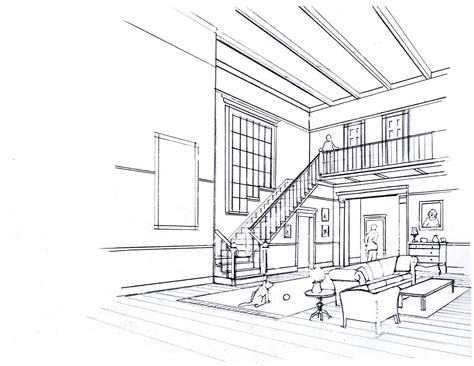 Two Point Interior Room Perspective Drawing Perspective Sketch